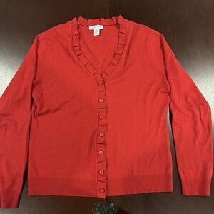 Kenneth Cole Reaction Sweater Cardigan Red Ruffle Button Size M Long Sleeve